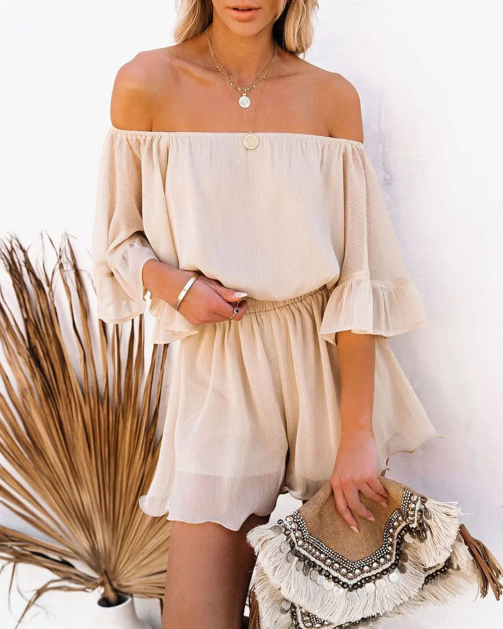 Ladies Off Shoulder Short Sleeves Daily Romper - Branded By Barta
