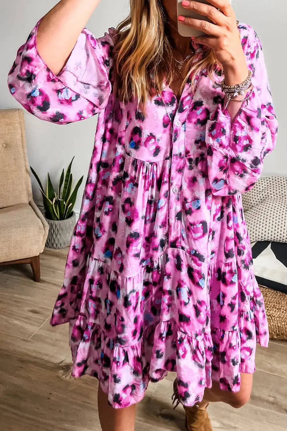 Leopard Print Buttoned Front 3/4 Sleeve Tiered Ruffled Hem Dress - Branded By Barta