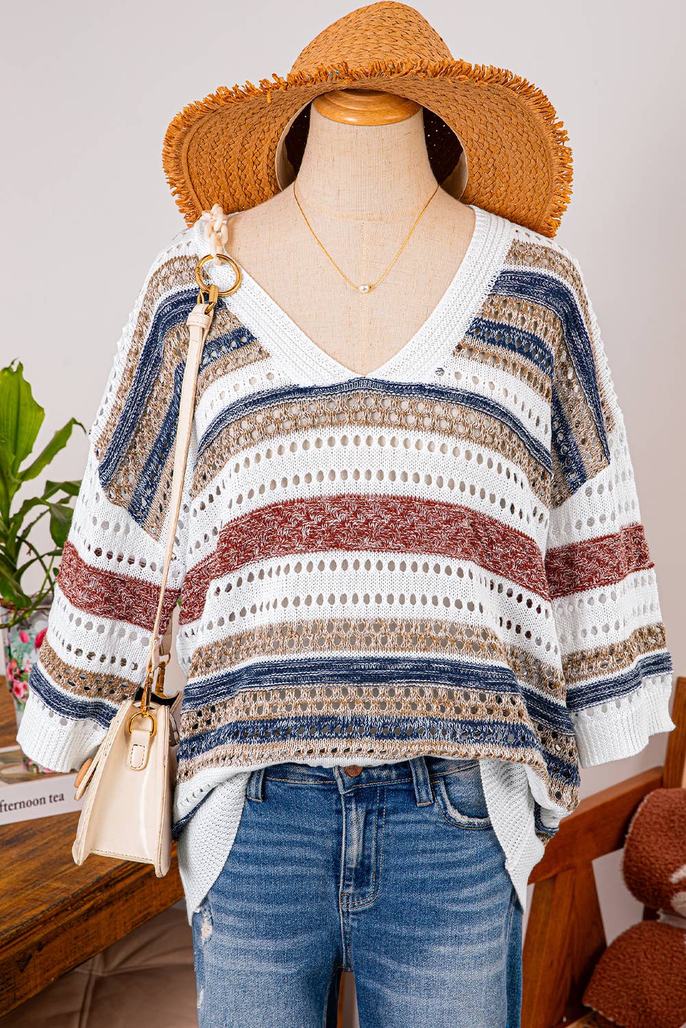 Stripe Hollow Out Half Sleeve Knitted Sweater - Branded By Barta
