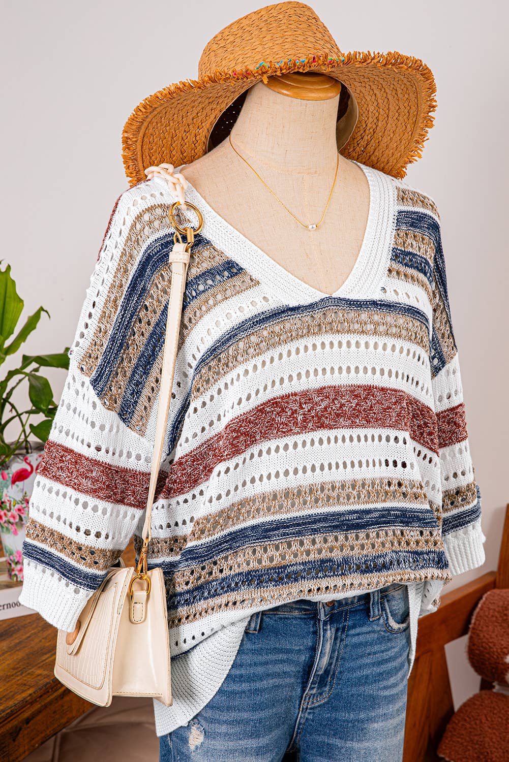 Stripe Hollow Out Half Sleeve Knitted Sweater - Branded By Barta