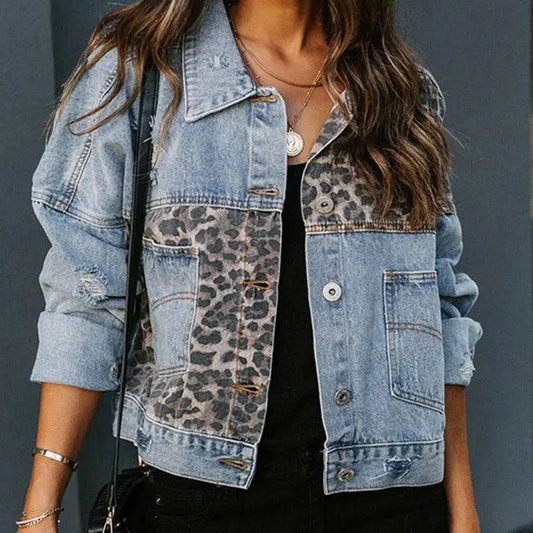 Leopard Print Patchwork Denim Jacket - Branded By Barta