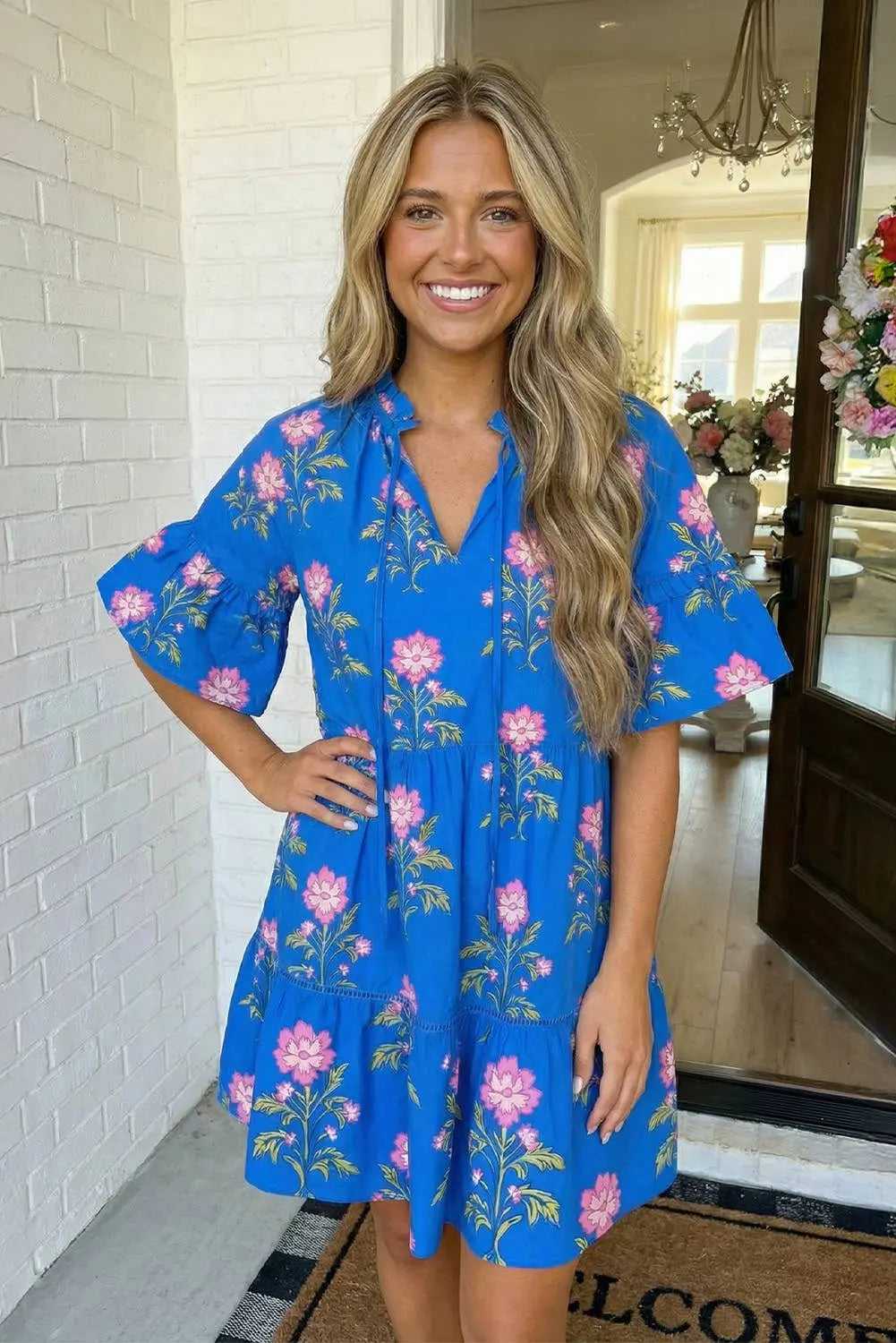 LAS V Neck Short Sleeve Loose Flower Dress (S-XL) LA Society