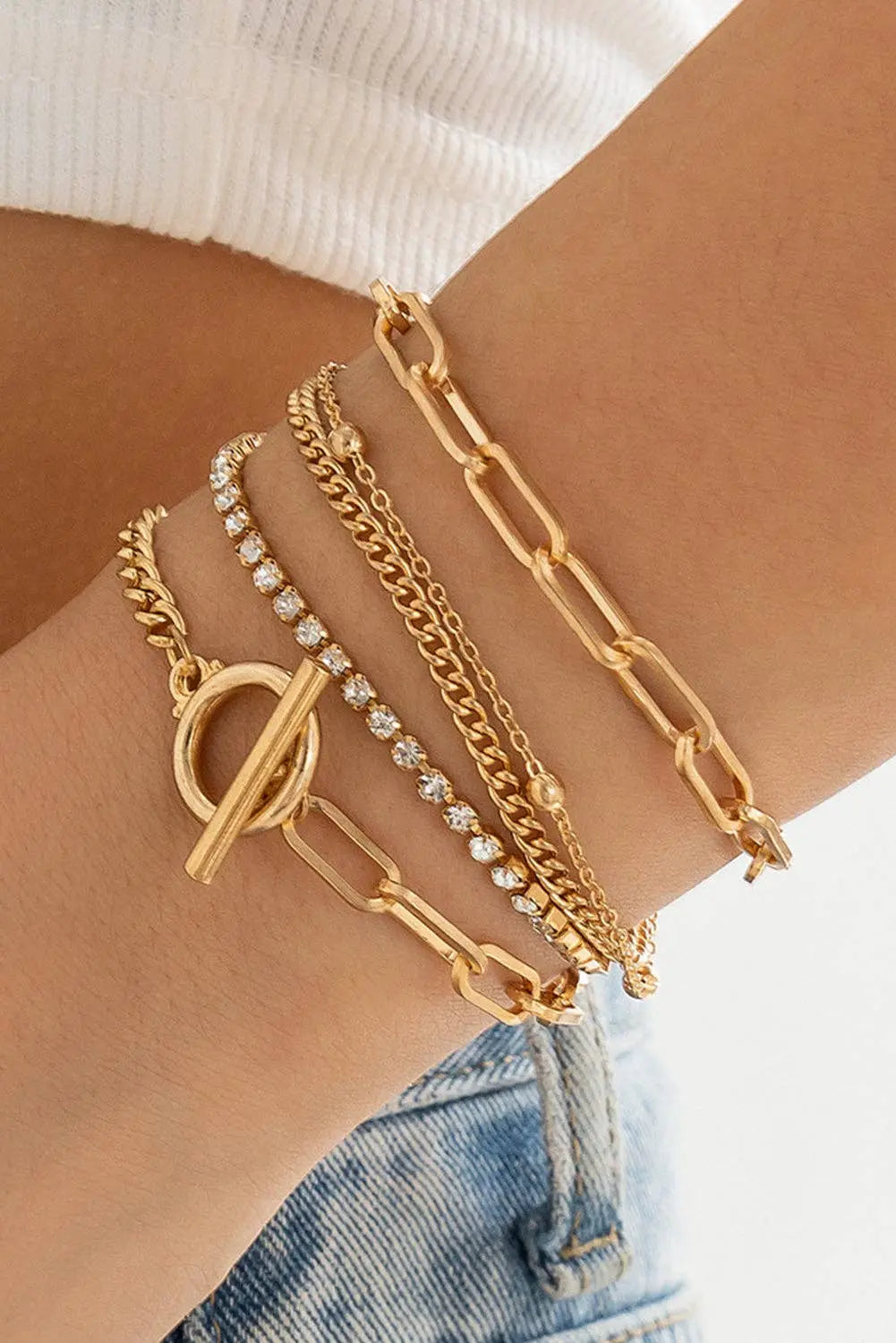 Gold Multi Layered Rhinestone Plated Chain Bracelet Set Lovesoft