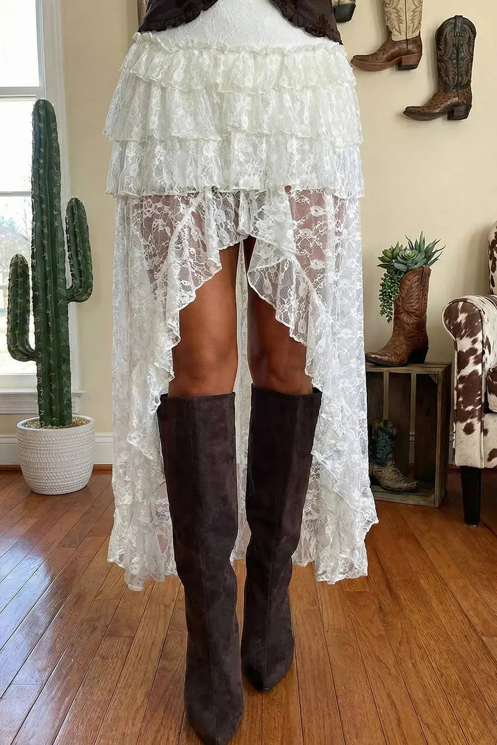 LLDC White Sheer Lace Frilly Ruffles High Low Long Skirt Little Daisy Closet