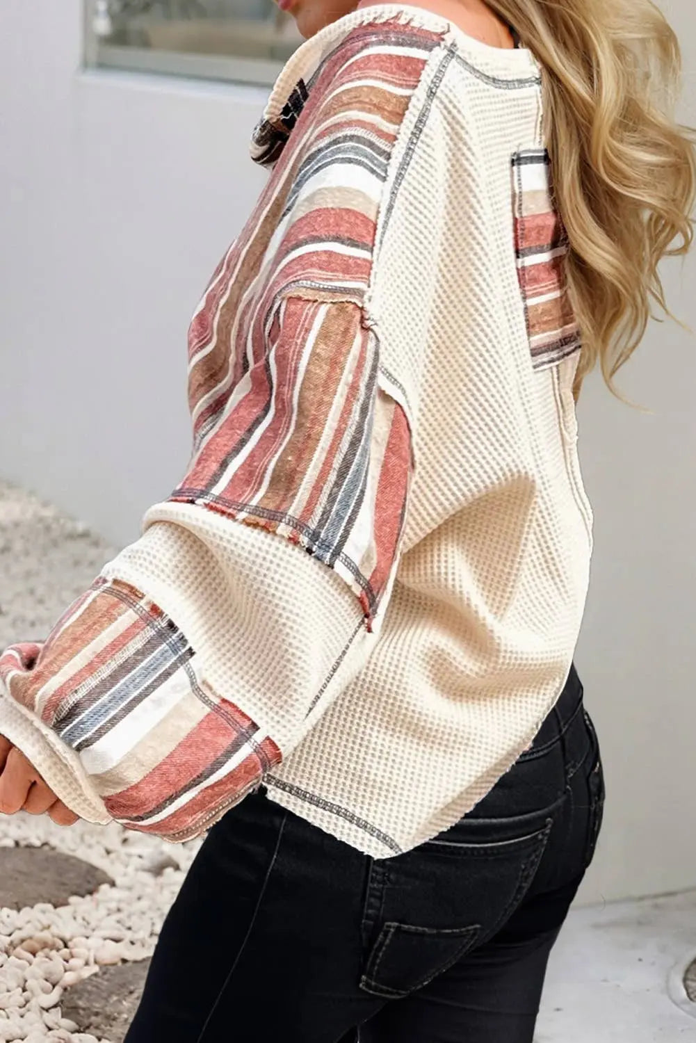 LDC Waffle Patchwork Exposed Seam Raw Edge Casual Knit Top Little Daisy Closet