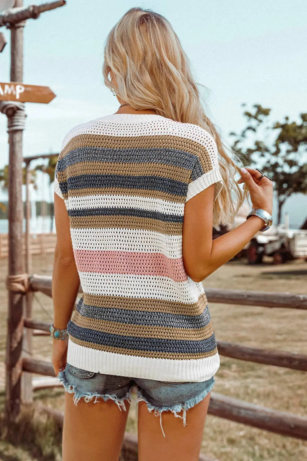 Stripe Eyelet Knit Short Sleeve Sweater Tee - Branded By Barta