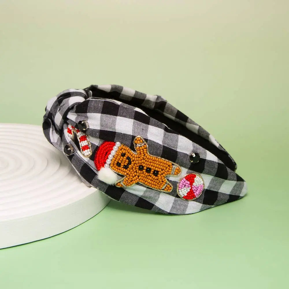 Christmas Gingerbread Man Seed Beaded Top Knotted Headband SP Sophia Collection