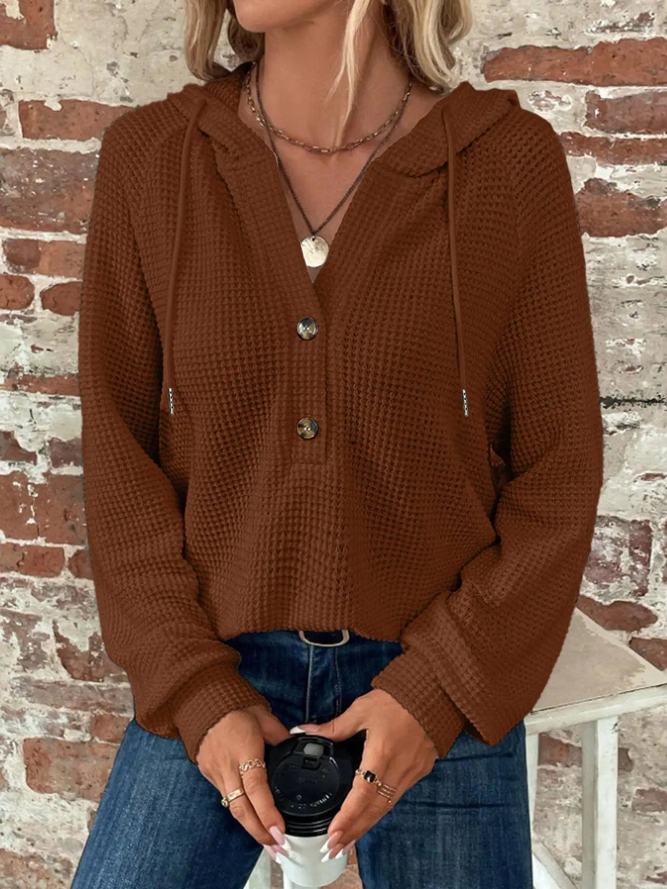 Solid color hooded button long-sleeved hoodie Lily Clothing