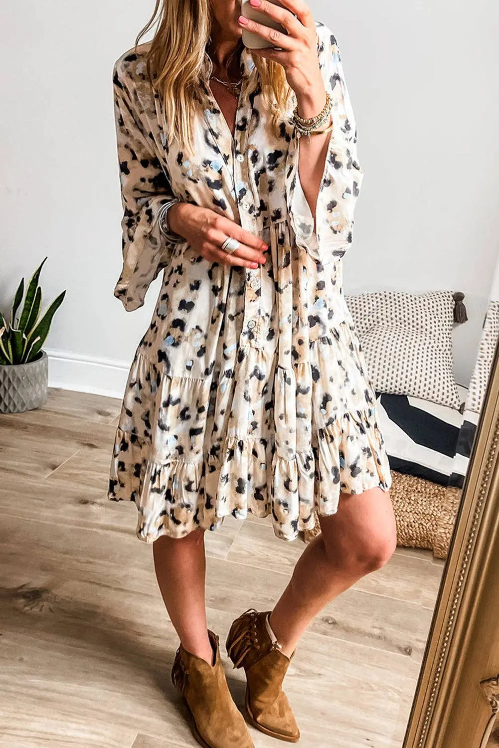 Leopard Print Buttoned Front 3/4 Sleeve Tiered Ruffled Hem Dress - Branded By Barta