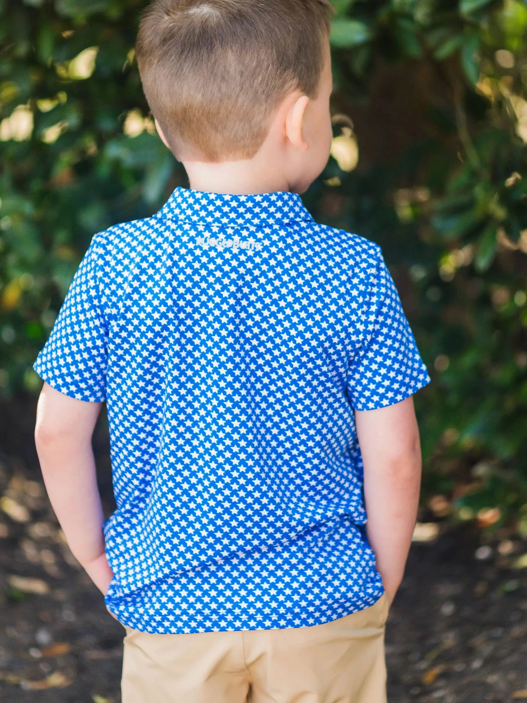 Boys Tiny Blue Stars Knit Short Sleeve Performance Polo RuffleButts + RuggedButts