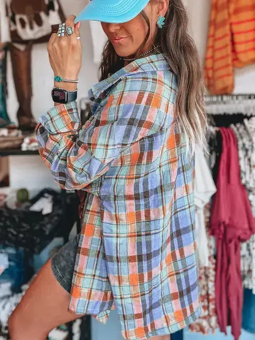 Retro Plaid Print Loose-Fit Button-Up Shirt Lovesoft