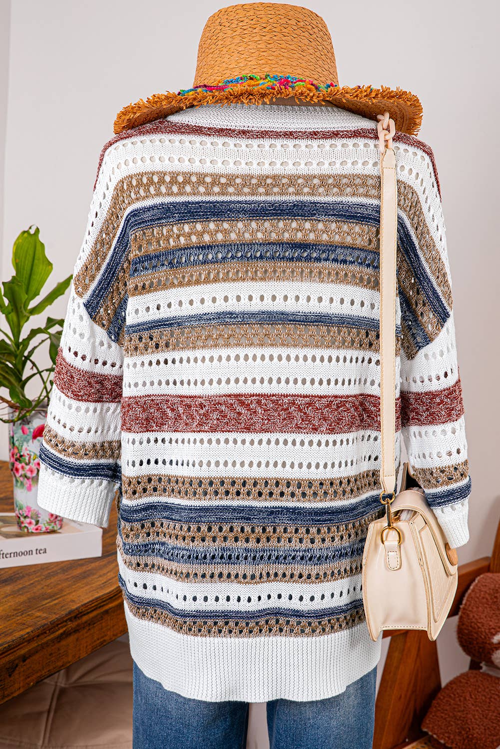 Stripe Hollow Out Half Sleeve Knitted Sweater - Branded By Barta