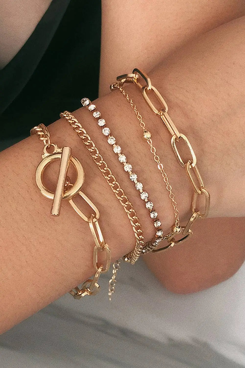 Gold Multi Layered Rhinestone Plated Chain Bracelet Set Lovesoft