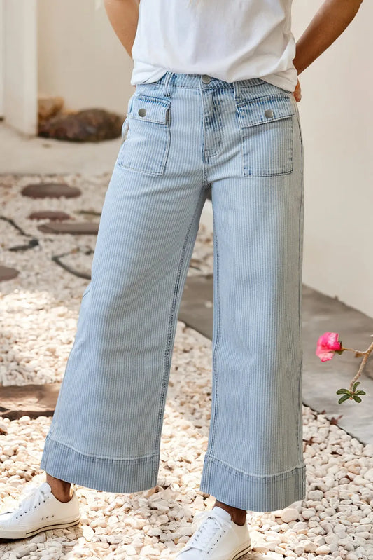 LDC Stripe Button Flap Pocket Cuffed Hem Wide Leg Jeans Little Daisy Closet