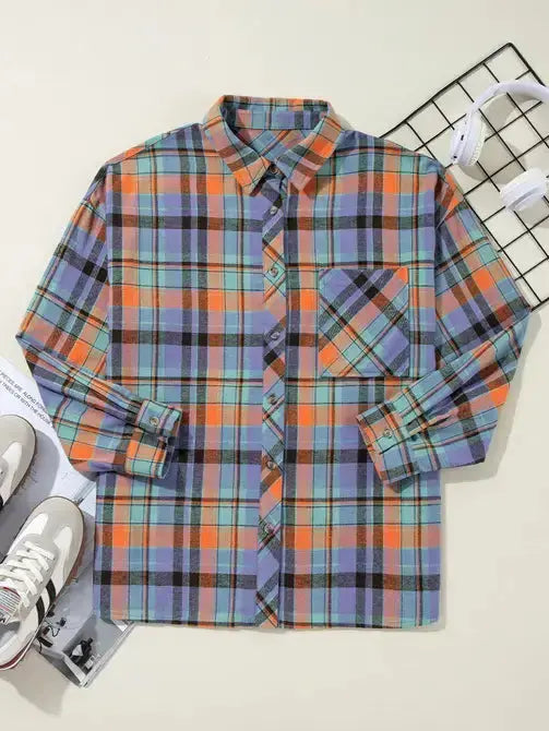 Retro Plaid Print Loose-Fit Button-Up Shirt Lovesoft
