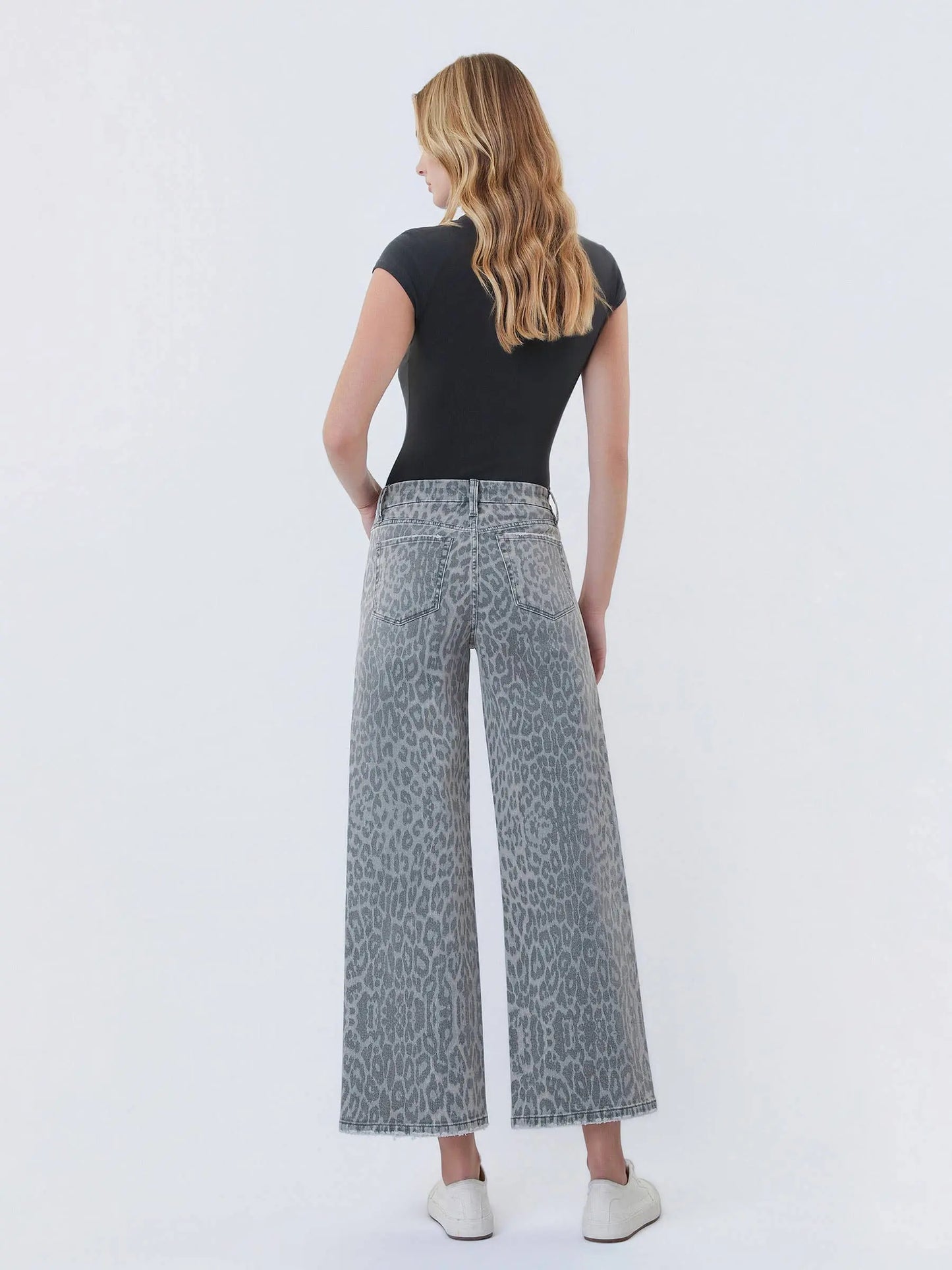 HIGH RISE GREY LEOPARD PRINT CROP WIDE LEG JEANS T7331GLP VERVET by FLYING MONKEY