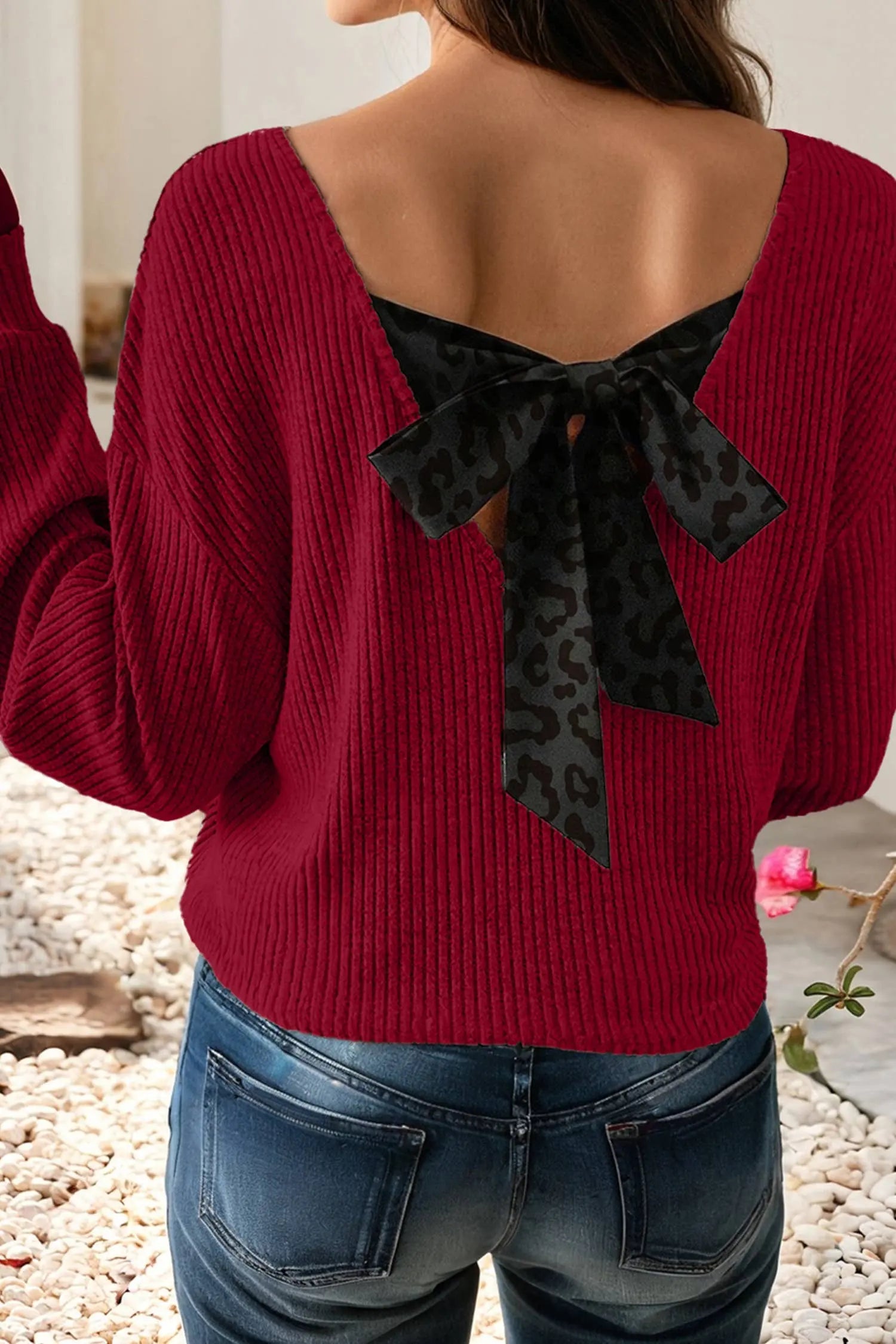 Print Back Bow Tie Drop Shoulder Long Sleeve Top Little Daisy Closet