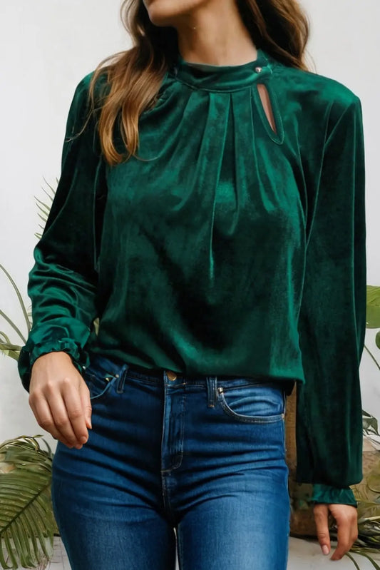 Asymmetric Button Keyhole Neck Long Sleeve Velvet Blouse 66DISCO