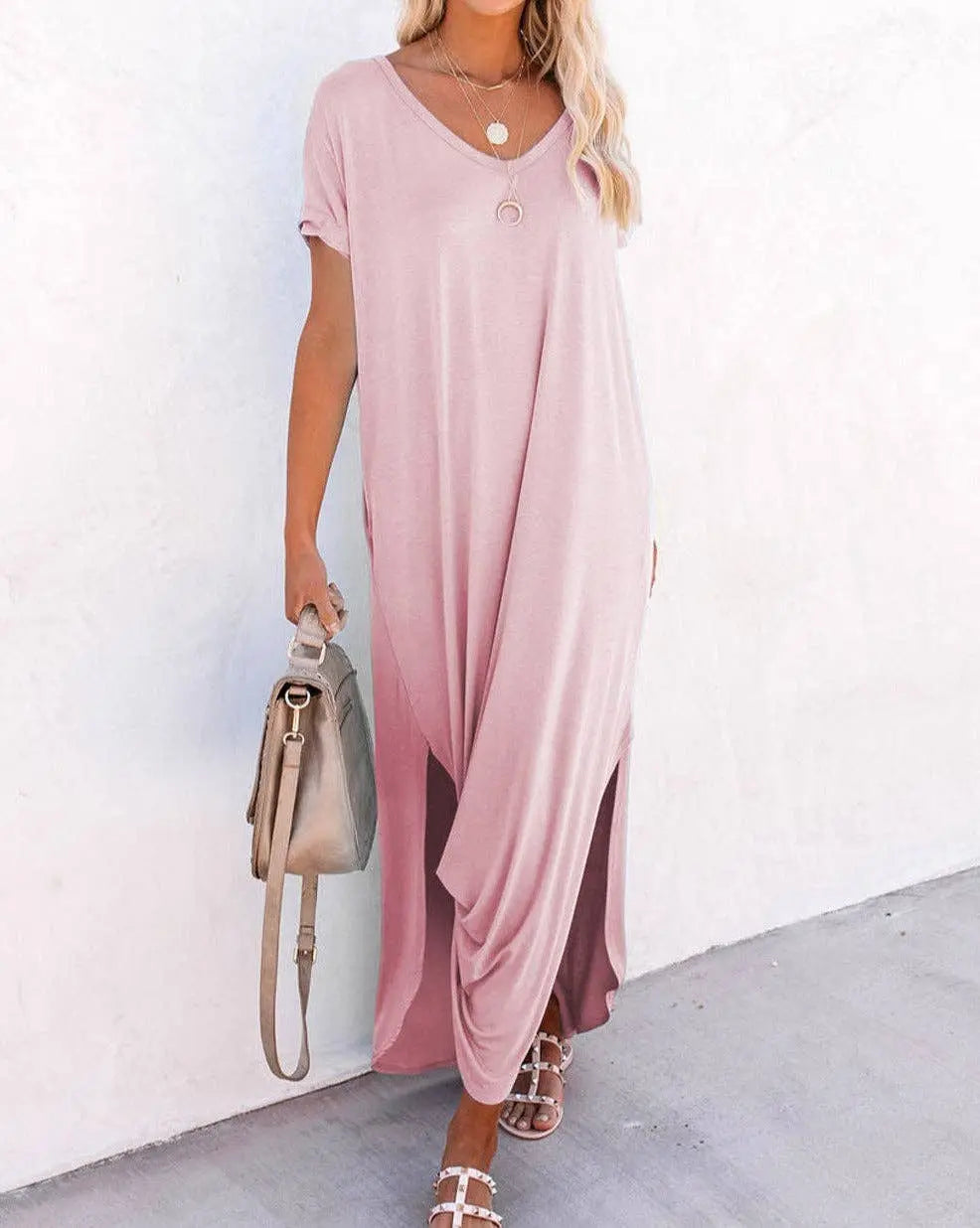 Pocketed V-Neck T-Shirt Maxi Dress - Branded By Barta