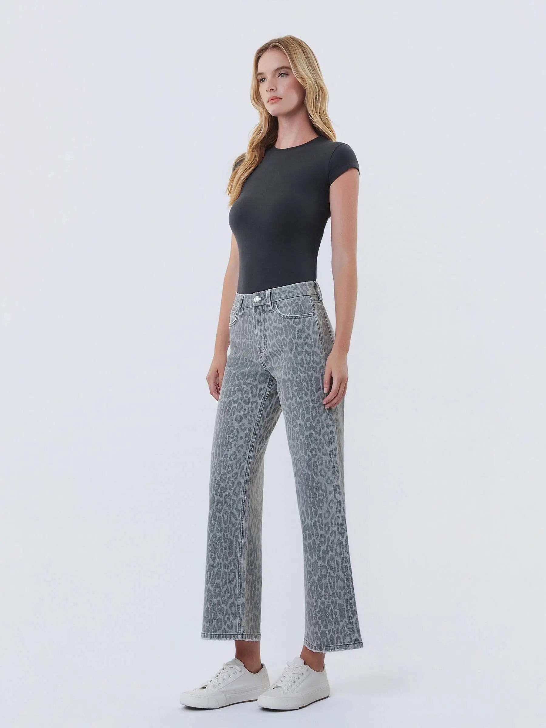 HIGH RISE GREY LEOPARD PRINT CROP WIDE LEG JEANS T7331GLP VERVET by FLYING MONKEY