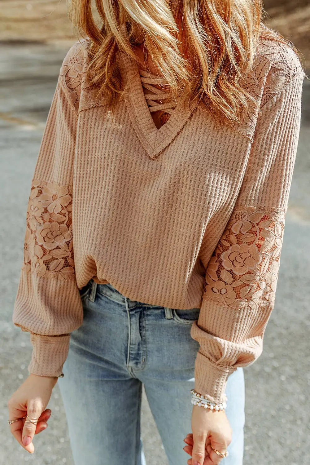 LDC Lace Waffle Patchwork Strappy V Neck Long Sleeve Top Little Daisy Closet