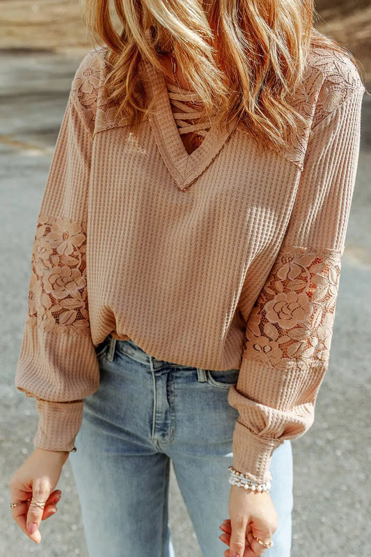 LDC Lace Waffle Patchwork Strappy V Neck Long Sleeve Top Little Daisy Closet