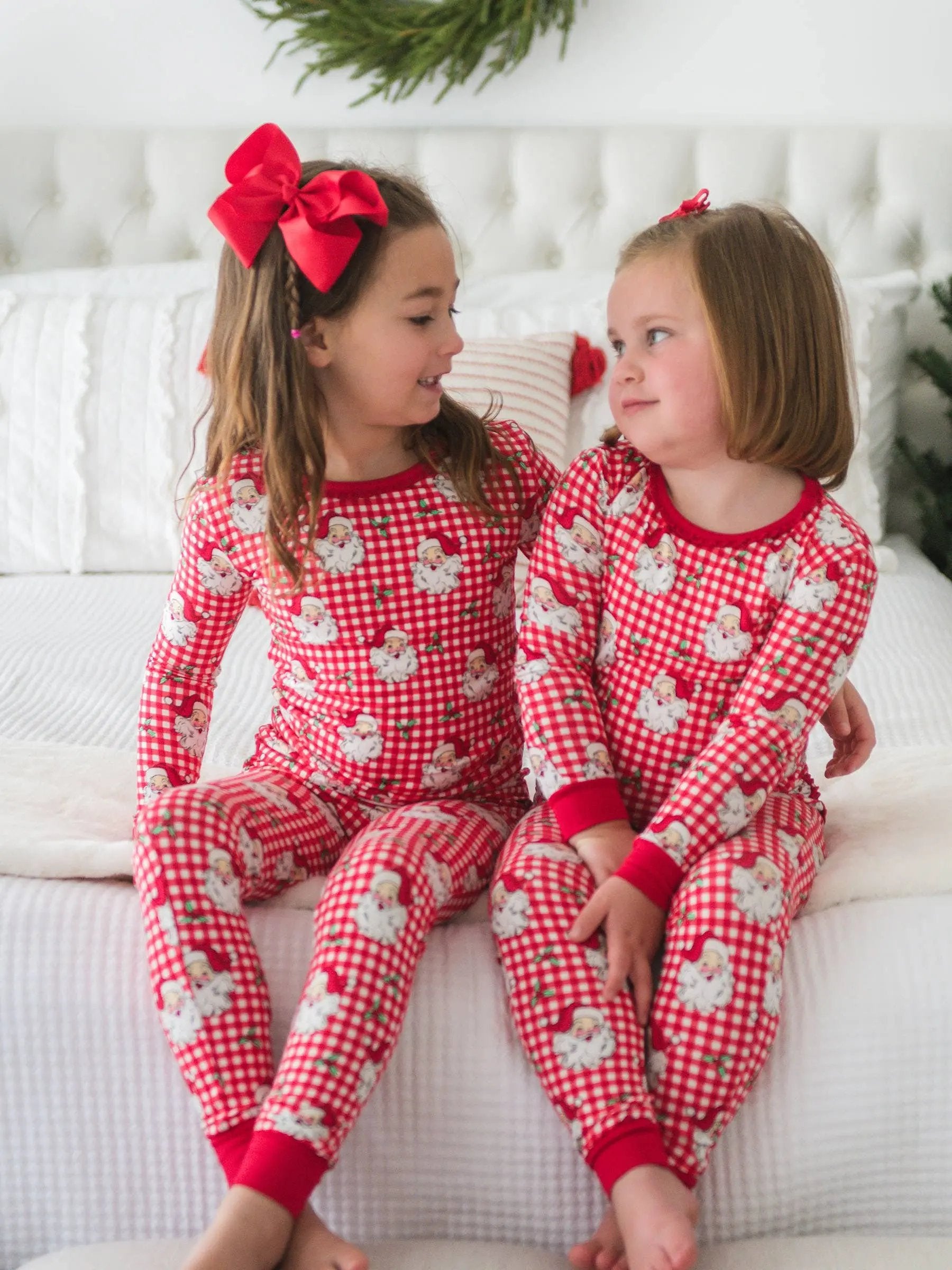 SoftSnooze™ Girls Bamboo Viscose Red Dear Santa Ruffle Long Sleeve Pajama Set RuffleButts + RuggedButts