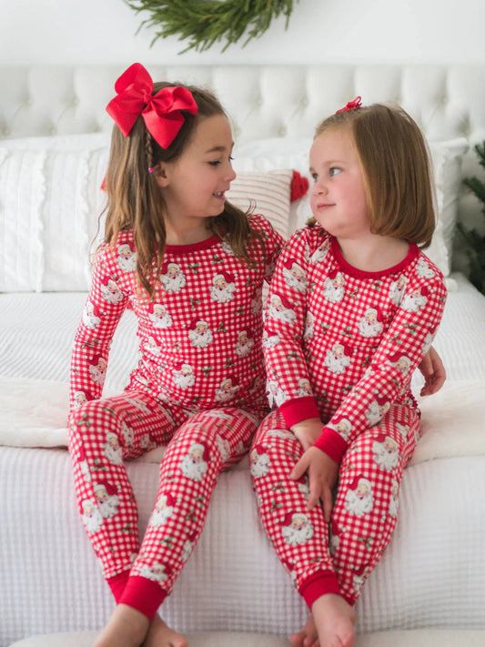 SoftSnooze™ Girls Bamboo Viscose Red Dear Santa Ruffle Long Sleeve Pajama Set RuffleButts + RuggedButts