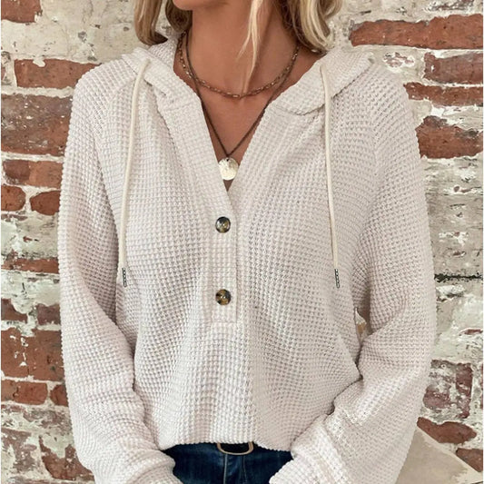 Solid color hooded button long-sleeved hoodie Lily Clothing