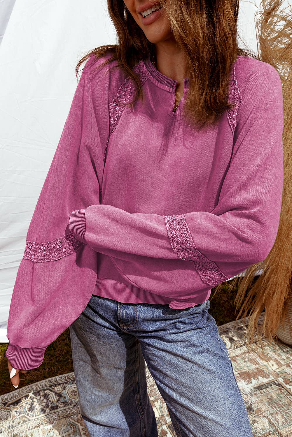 LDC Lace Patchwork Notched Mineral Wash Baggy Sweatshirt Little Daisy Closet