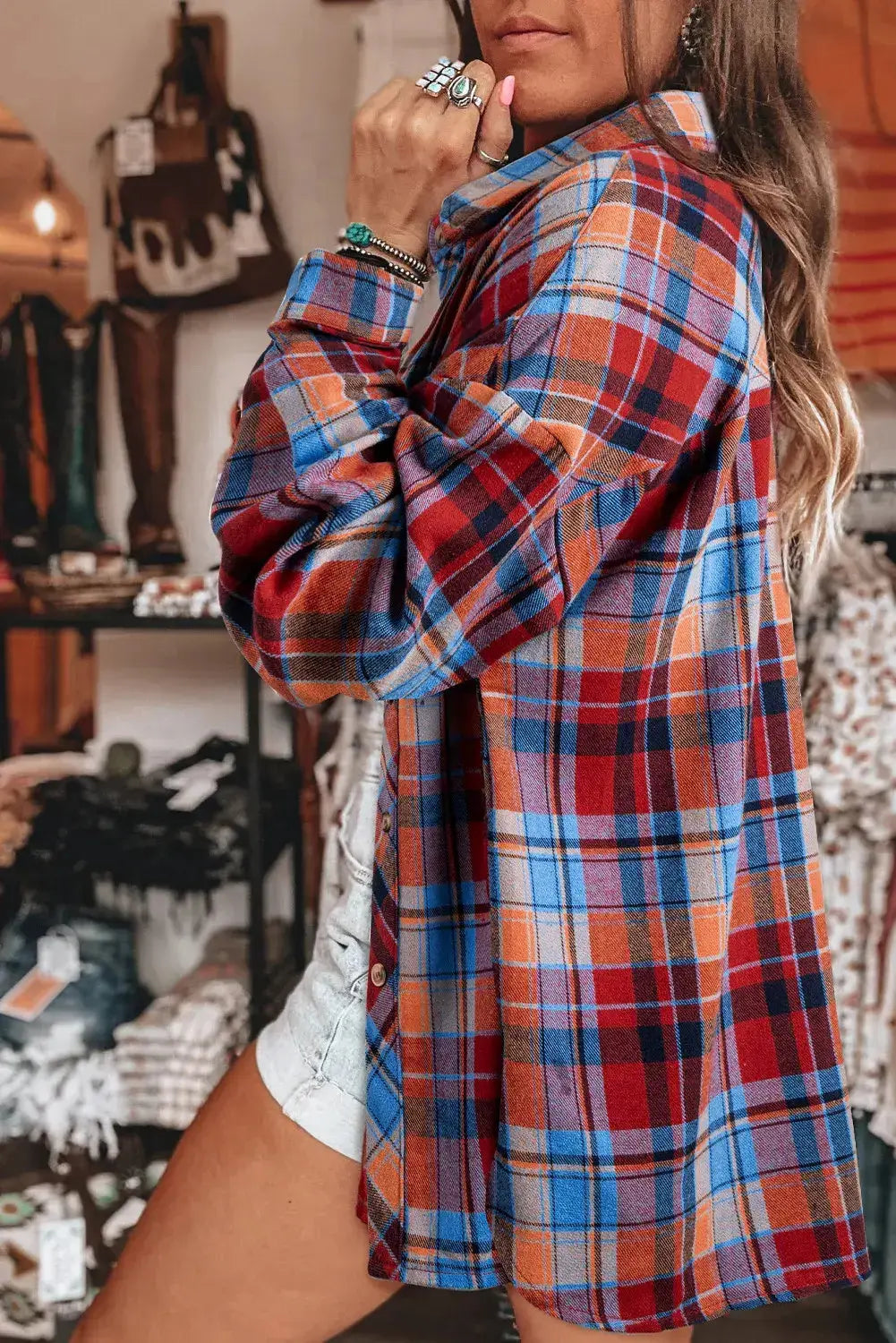 Retro Plaid Print Loose-Fit Button-Up Shirt Lovesoft