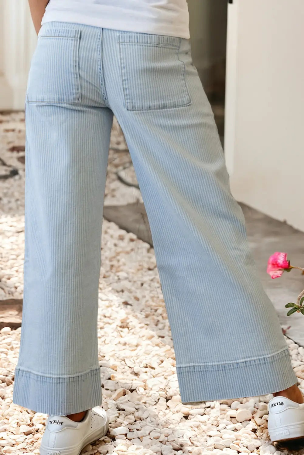 LDC Stripe Button Flap Pocket Cuffed Hem Wide Leg Jeans Little Daisy Closet