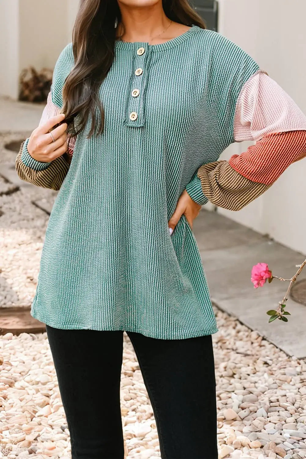 LDC Twisted Ribbed Knit Colorblock Henley Top Little Daisy Closet