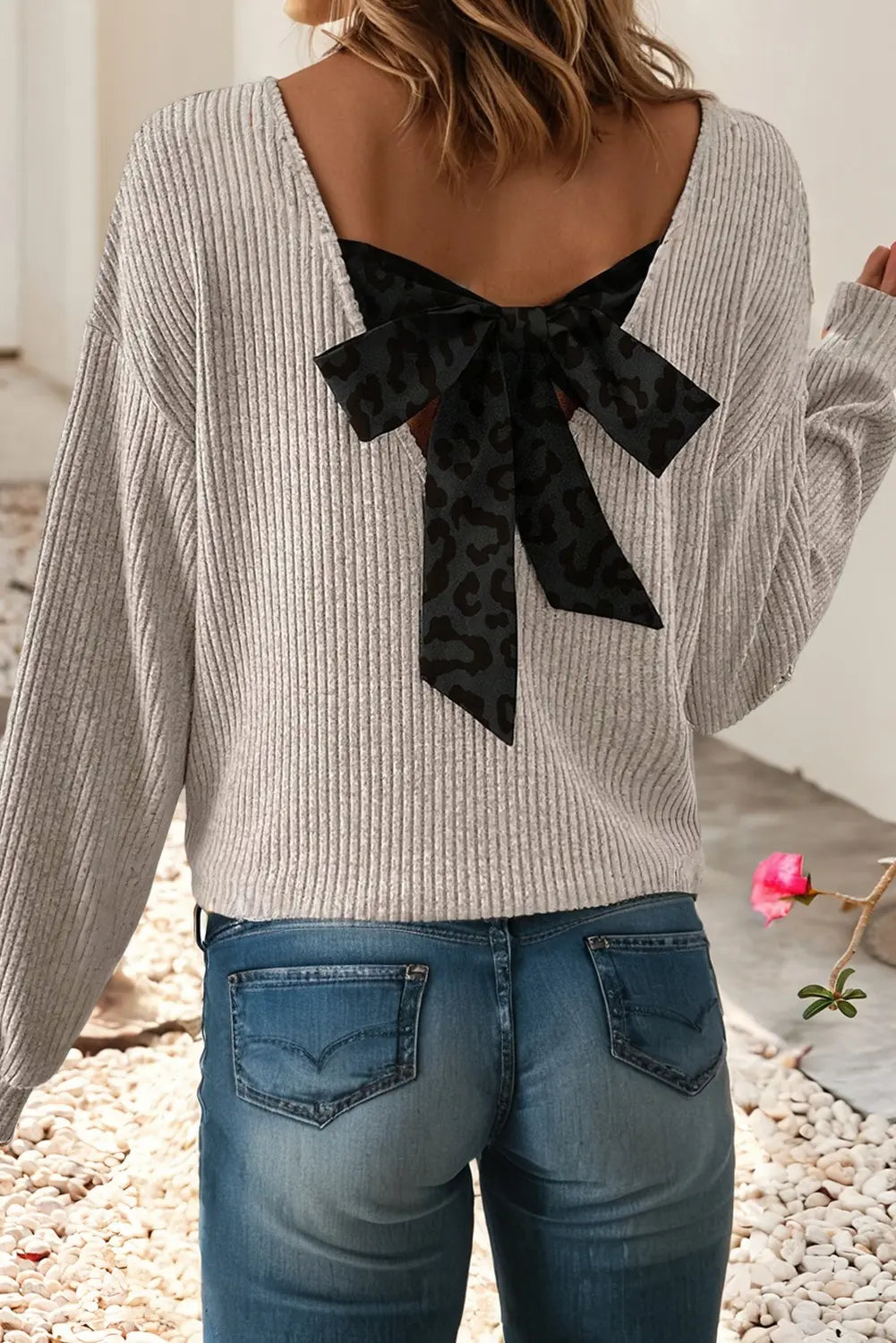 Print Back Bow Tie Drop Shoulder Long Sleeve Top Little Daisy Closet