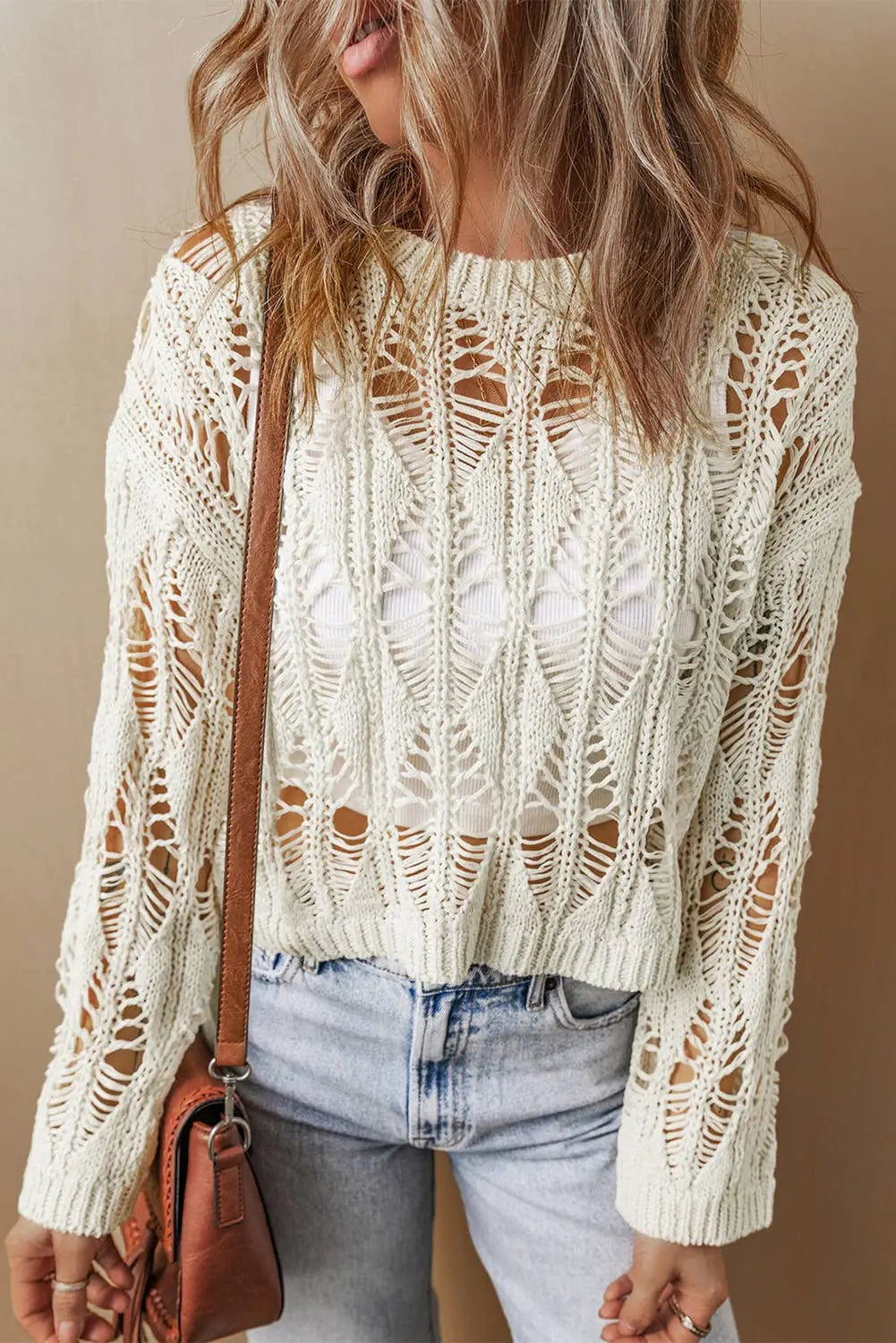 LDC Cut Out Crochet Crew Neck Loose Fit Sweater Little Daisy Closet