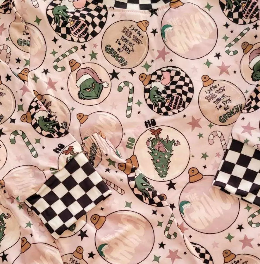 Kids Christmas 2 Pc Pajamas - Pink Grinch Ornament Balls Rufflеѕ & Bоwtіеѕ - Affordable Boys & Girls Clothing