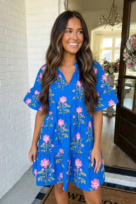 LAS V Neck Short Sleeve Loose Flower Dress (S-XL) LA Society