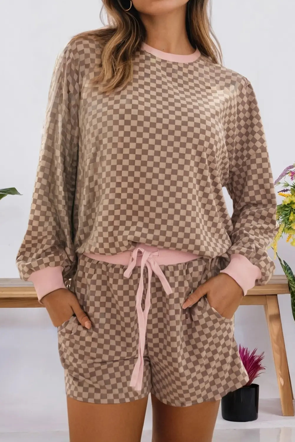 Checkered Print Top Drawstring Shorts Lounge Set (S-XL) 66DISCO