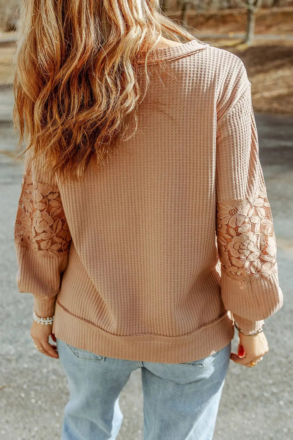 LDC Lace Waffle Patchwork Strappy V Neck Long Sleeve Top Little Daisy Closet