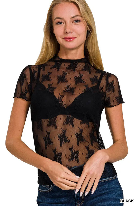 Lace See-through Layering Stretch Top - Branded By Barta