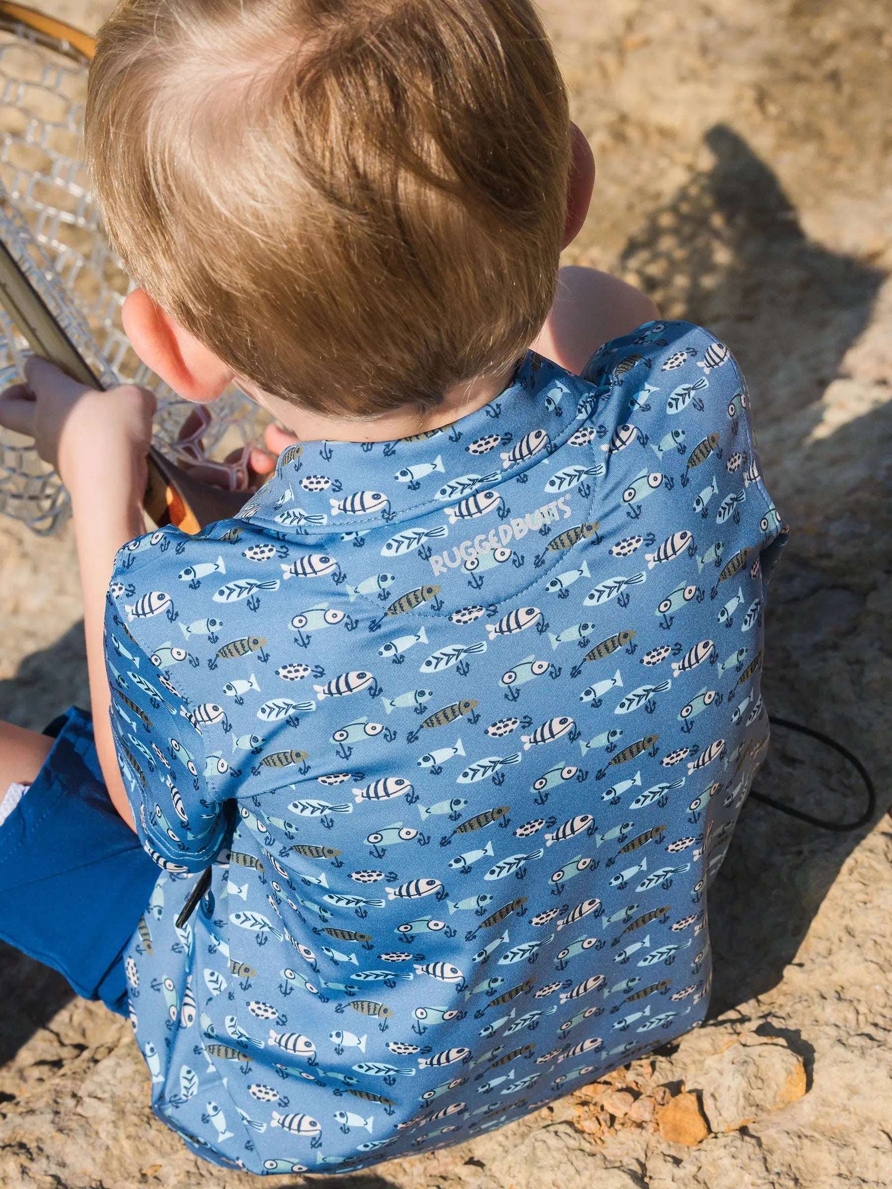 Boys Fish Bait Buddies Knit Short Sleeve Performance Polo RuffleButts + RuggedButts