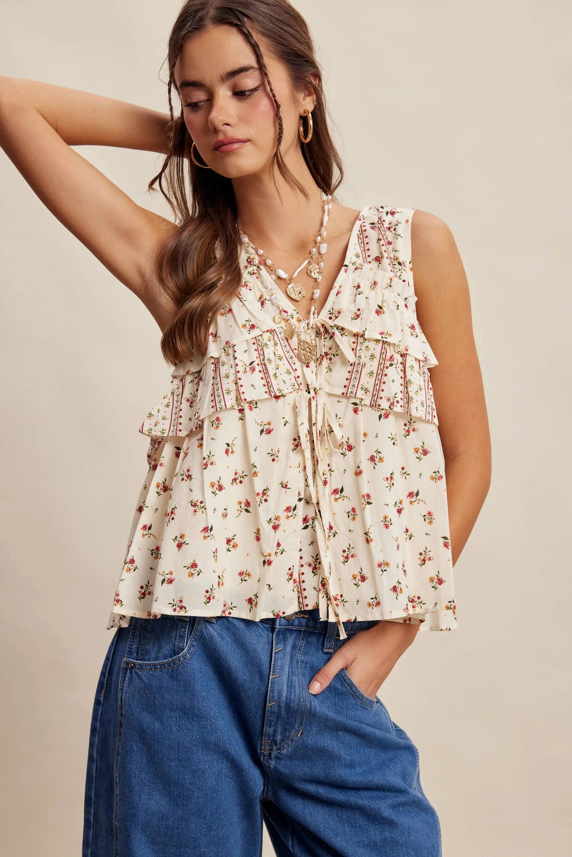 Floral Tiered Ruffle Tie-Front Top LT1465 Listicle