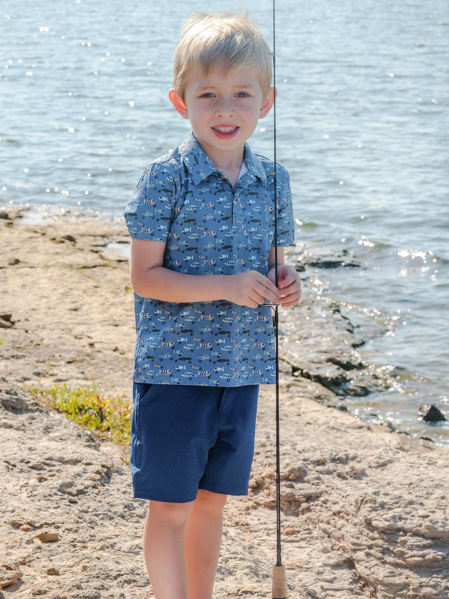 Boys Fish Bait Buddies Knit Short Sleeve Performance Polo RuffleButts + RuggedButts