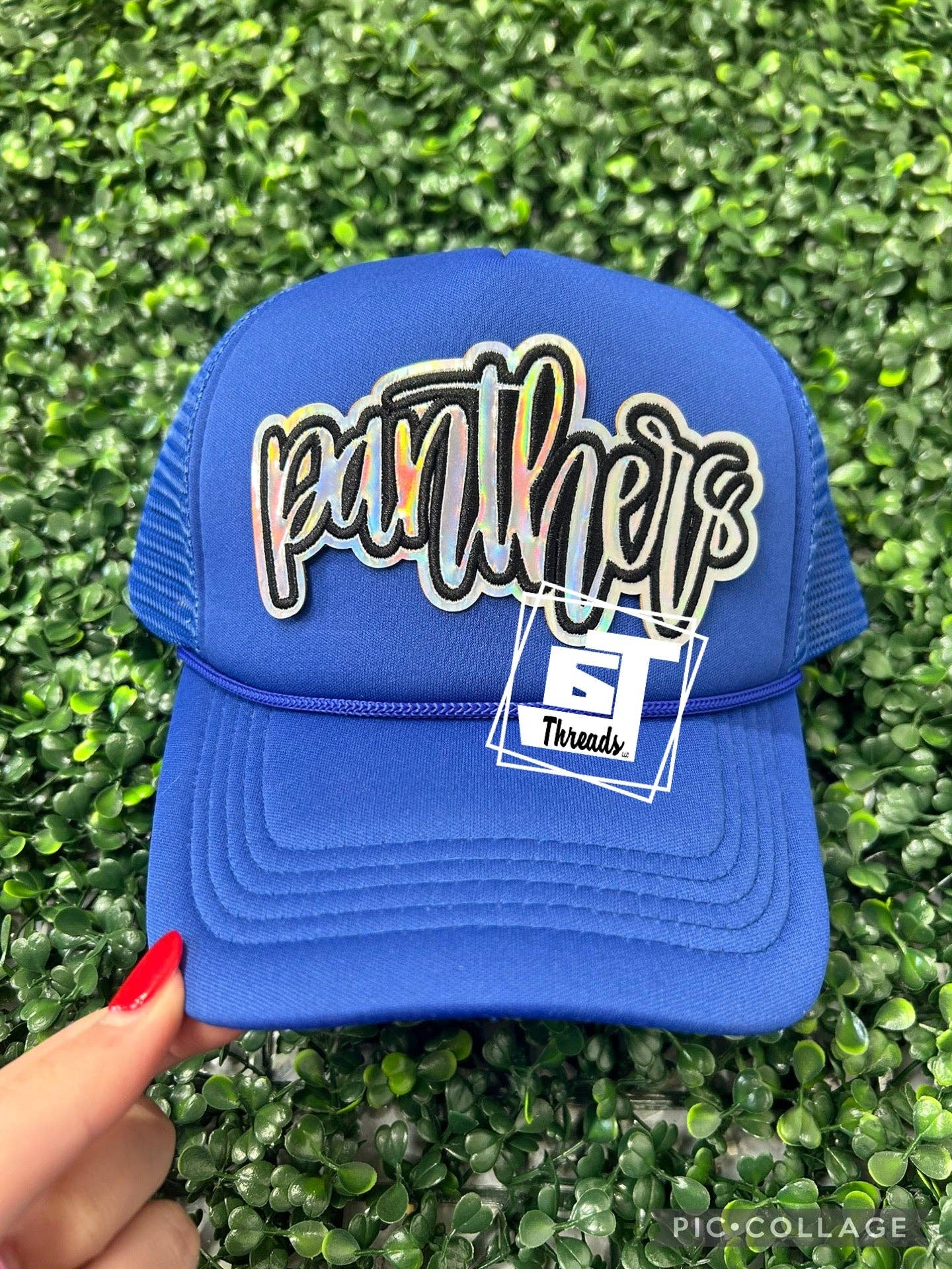 Holographic Cursive Panthers....Cap Patches 6j Threads LLC