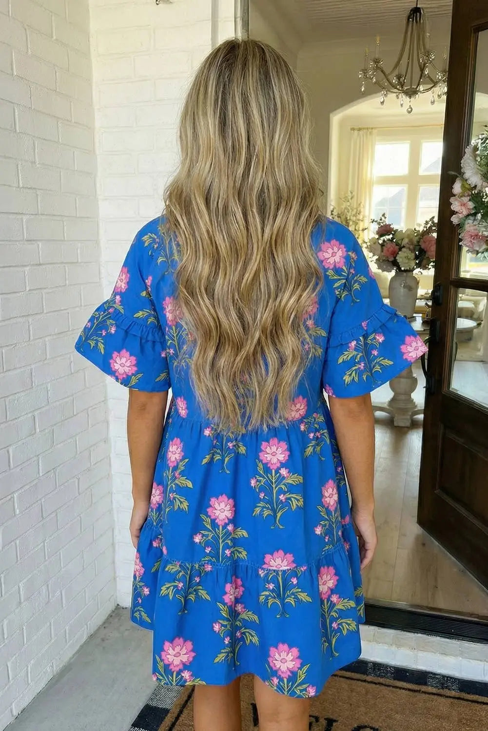 LAS V Neck Short Sleeve Loose Flower Dress (S-XL) LA Society