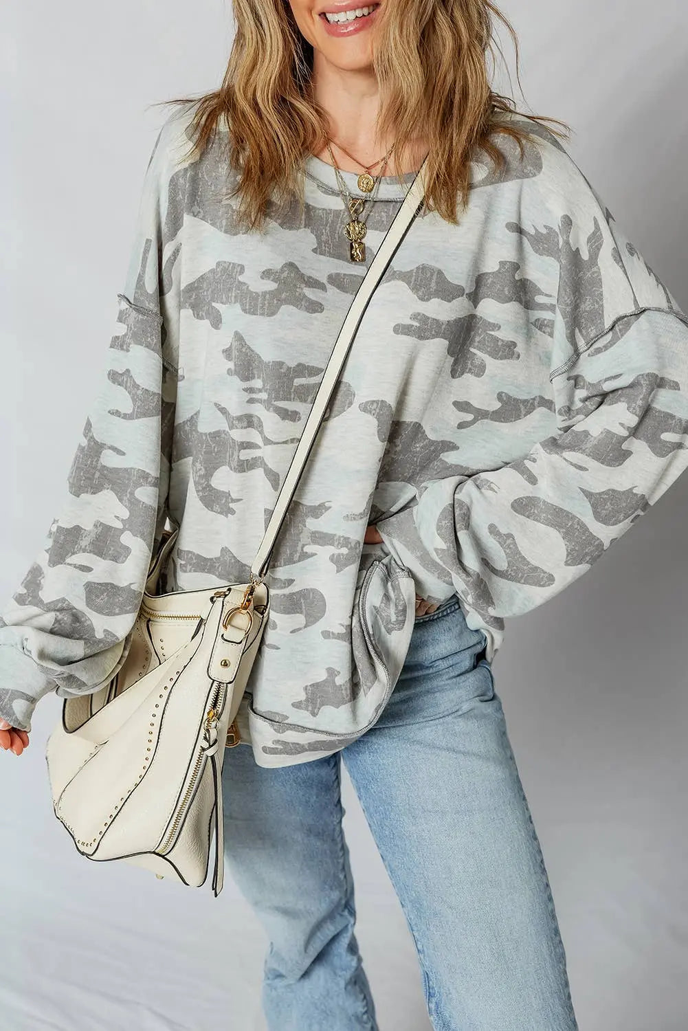 LDC Retro Camouflage Print Exposed Seam Patchwork Sweatshirt Little Daisy Closet