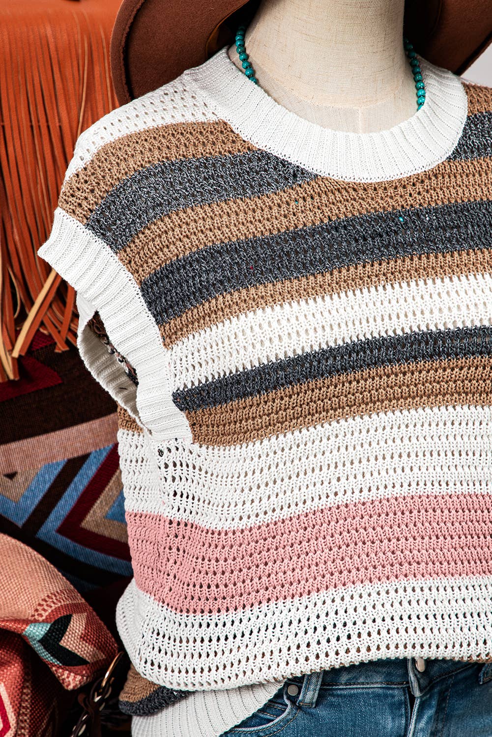 Stripe Eyelet Knit Short Sleeve Sweater Tee - Branded By Barta