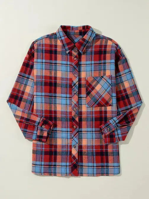 Retro Plaid Print Loose-Fit Button-Up Shirt Lovesoft