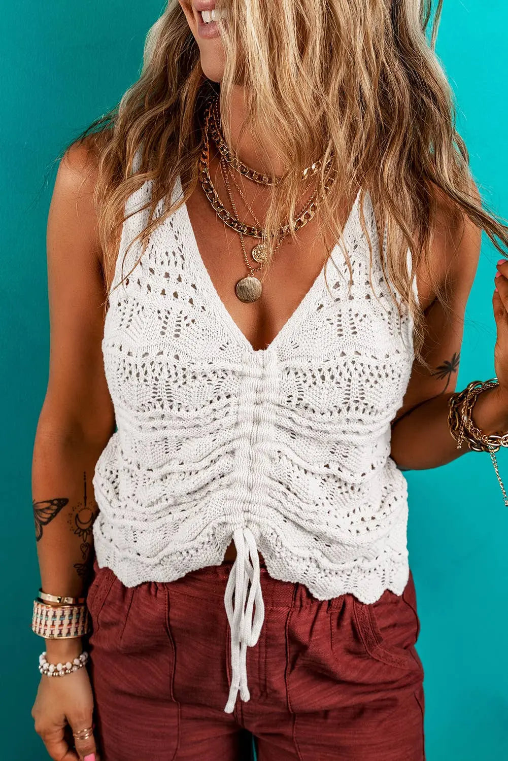 LDC Trendy Hollowed Knit V Neck Drawstring Sweater Vest Little Daisy Closet