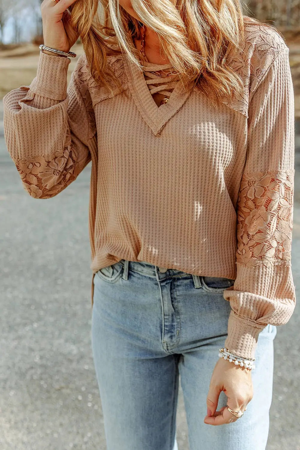 LDC Lace Waffle Patchwork Strappy V Neck Long Sleeve Top Little Daisy Closet